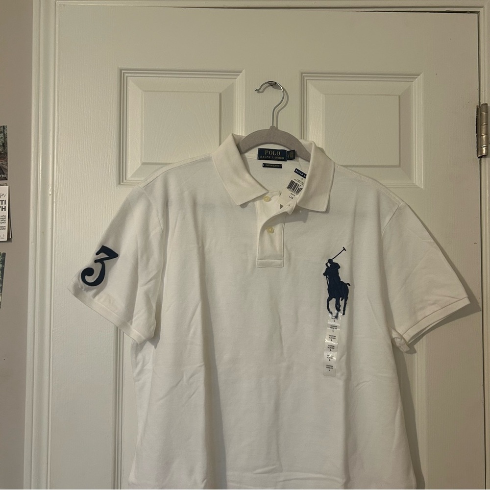 Polo Ralph Lauren Mens Big Pony Custom Slim Fit Mesh Polo Shirt (Large, White)